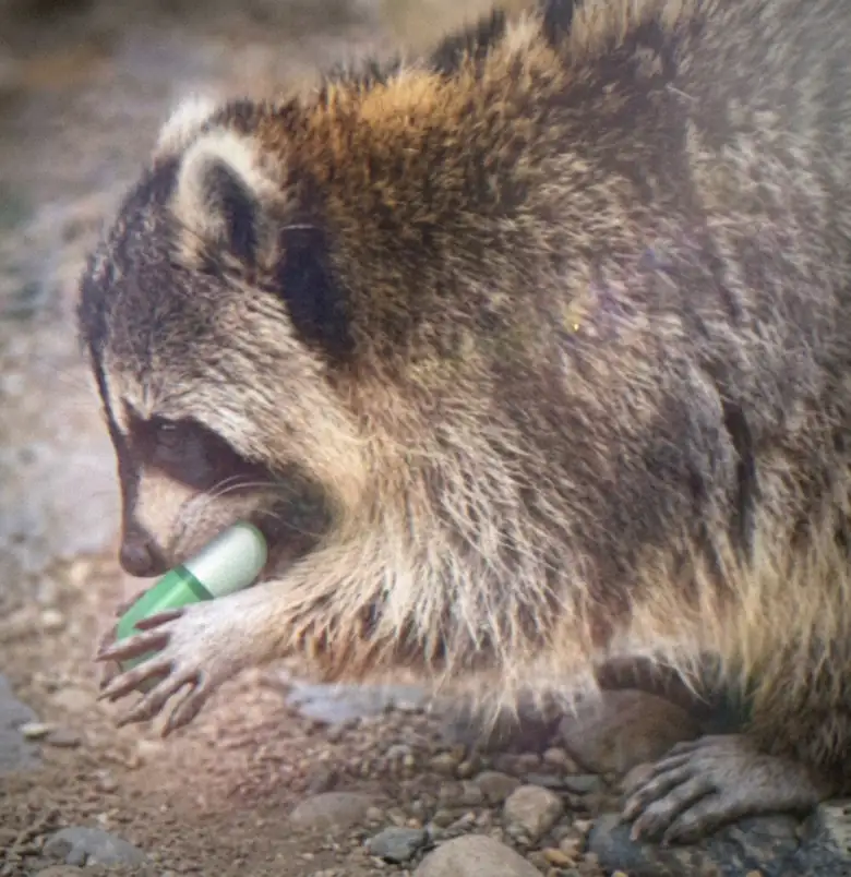 pumpcoon crouched on wet gravel, holding one green-and-white capsule in both paws, about to rinse it